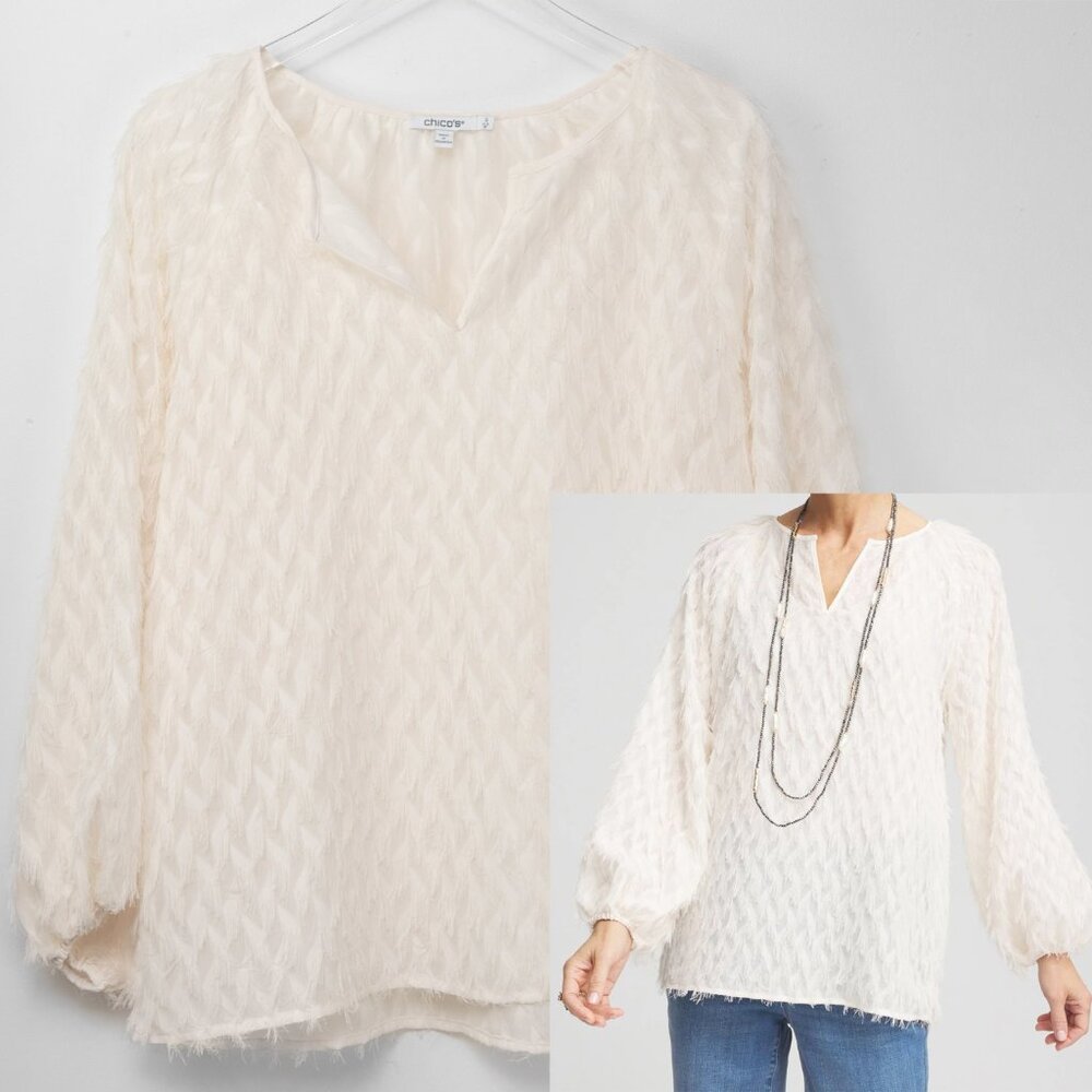 Chico's Chevron Blouse Textured Fringe Top V-Neck Long Sleeve Cream Size (2) 12